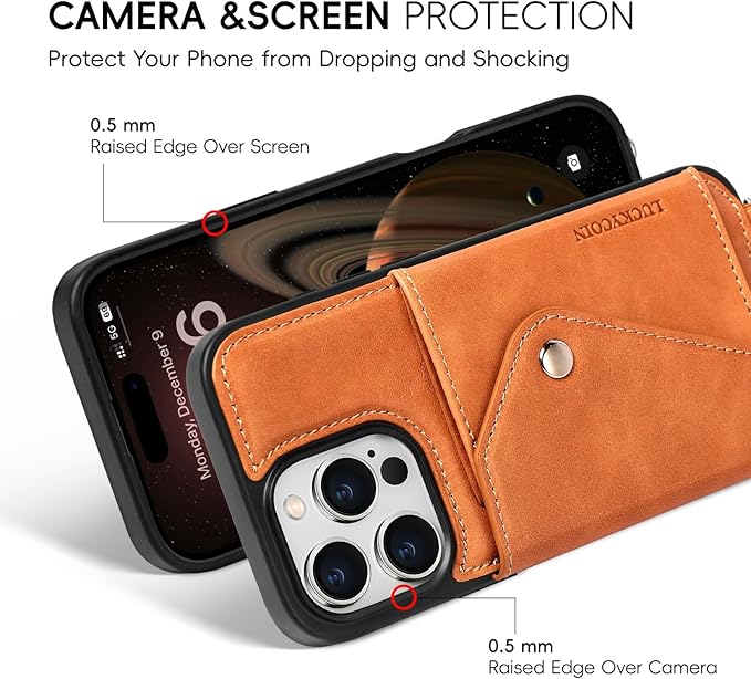 LUCKYCOIN Crossbody Phone Case for iPhone 16 Pro Max, 100% Genuine Leather Phone Wallet Case for Women, Premium Hands-Free Phone Purse with Expandable Flip Card Holder & Adjustable Strap - Retro Brown