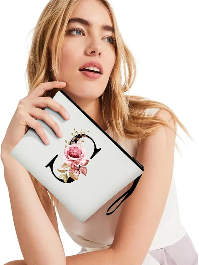 Vavabox A-Z Personalized Makeup Bag, Birthday Gifts for Women Mom, Gifts for Best Friend, Bride Bridesmaid Cosmetic bag (S, 01-White)