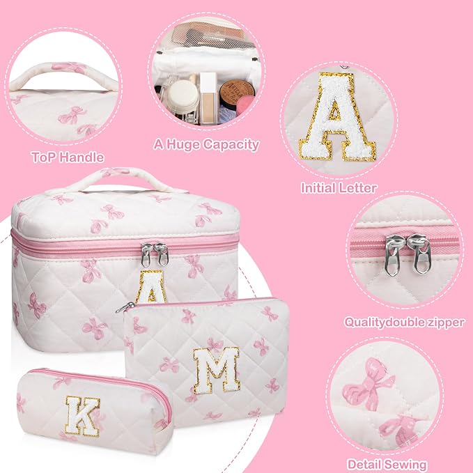Junesters Initial Makeup Bag Set, Personalized Quilted Makeup Bag, Large Floral Cosmetic Bag for Women, Cute Cotton Custom Make up Bags, Flower Travel Toiletry Bag Teen Girl Gift Pink Butterfly K