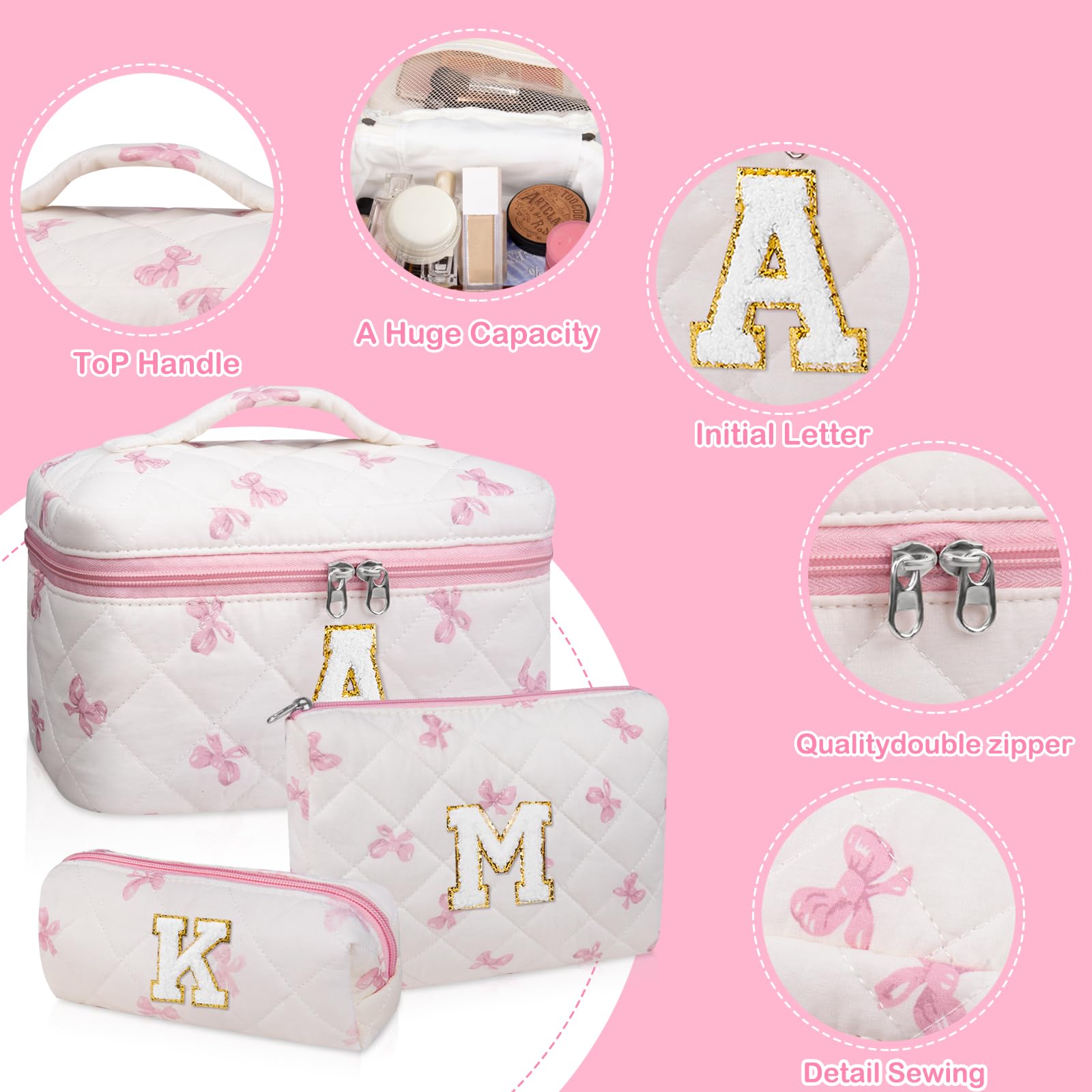 Junesters Initial Makeup Bag Set, Personalized Quilted Makeup Bag, Large Floral Cosmetic Bag for Women, Cute Cotton Custom Make up Bags, Flower Travel Toiletry Bag Teen Girl Gift Pink Butterfly K