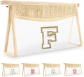 UIXIZQ Personalized Initial Letter Bag Boho Straw Clear Makeup Bag,Small Cute Chenille Varsity Letter Bag With Zipper,Beach Travel Toiletry Bag,Portable Monogrammed Cosmetic Bag for Women Girls,F