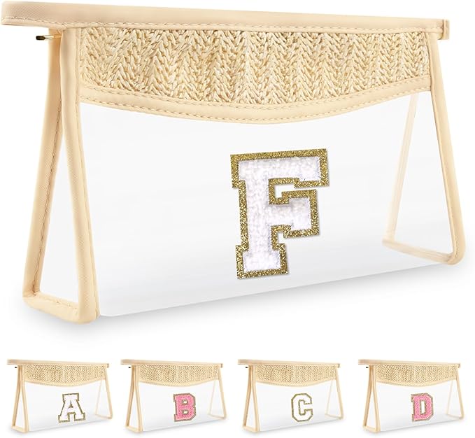 UIXIZQ Personalized Initial Letter Bag Boho Straw Clear Makeup Bag,Small Cute Chenille Varsity Letter Bag With Zipper,Beach Travel Toiletry Bag,Portable Monogrammed Cosmetic Bag for Women Girls,F