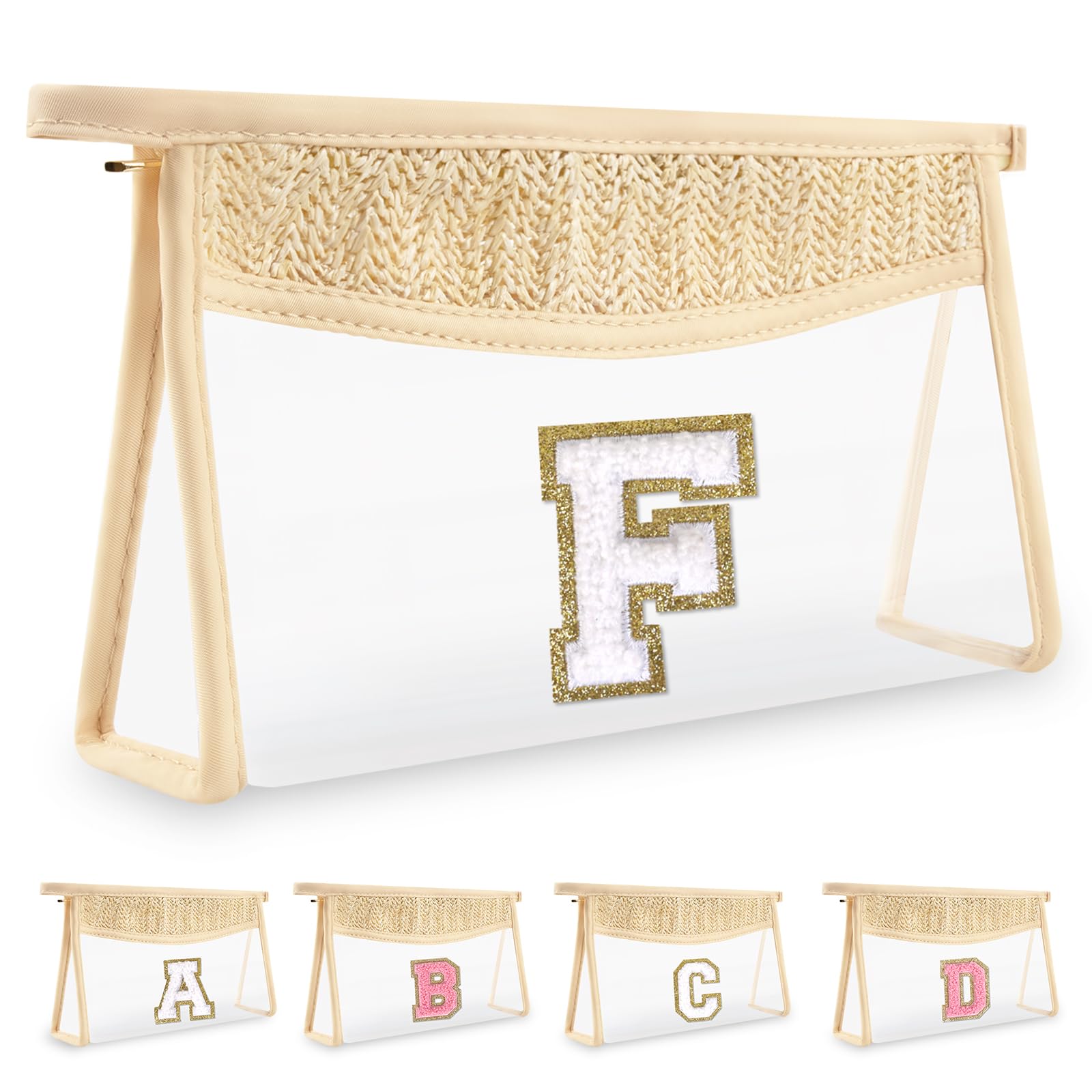 UIXIZQ Personalized Initial Letter Bag Boho Straw Clear Makeup Bag,Small Cute Chenille Varsity Letter Bag With Zipper,Beach Travel Toiletry Bag,Portable Monogrammed Cosmetic Bag for Women Girls,F