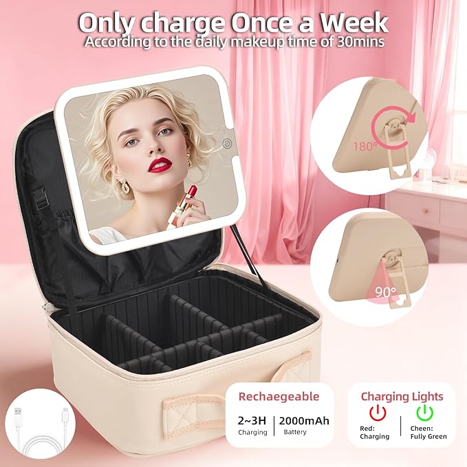 Yaliang Travel Makeup Bag, Portable Makeup Case with LED Mirror, Removable Mirror with 3 Color Modes, 8 Adjustable EVA Dividers for Brushes Toiletry Jewelry Digital Accessories, Off White