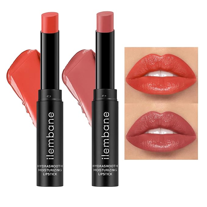 ilembane Hydrating Lipstick Set, Coral & Dusty Rose Glossy Tinted Lip Balm
