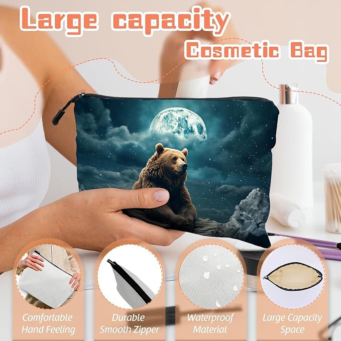 Scribesense Cosmetic Bags Travel Makeup Toilet Case Waterproof Pouch for Women Girls 6.7X9.45inches - Brown Bear on Rock Under A Starry Sky And Moon