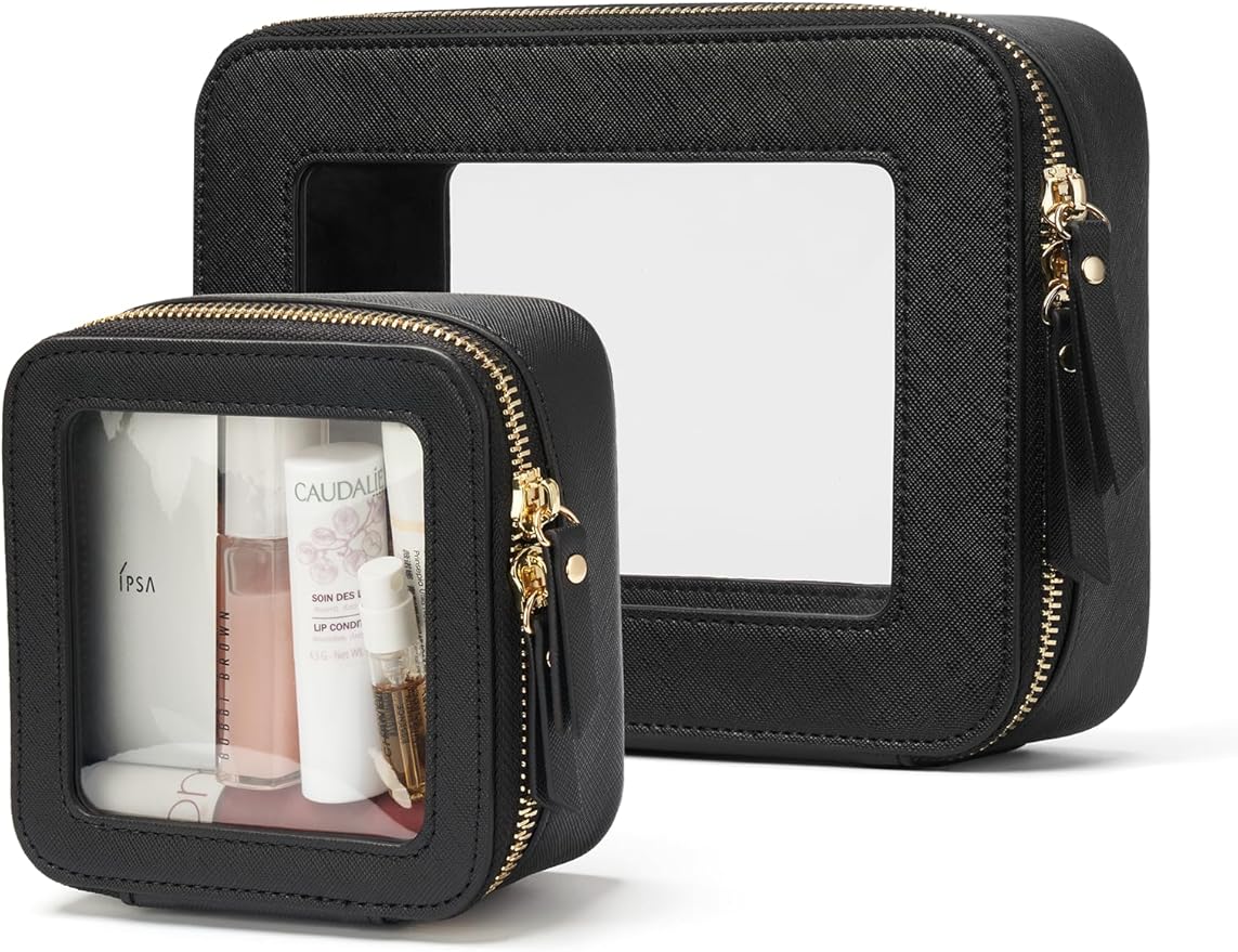 Popvibe Clear Makeup Bag with Zipper, Set of 2, Mini and Medium, Black