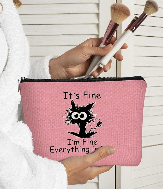 BARPERY Cat Makeup bag It's Fine Everything is Fine Inspirational Funny Cat Kitten,Cosmetic Bag Zipper Travel Toiletry Bag， Gift Idea for Cat Lovers Teen Girls,Cat Owners Gifts,Birthday Gift(Pink)