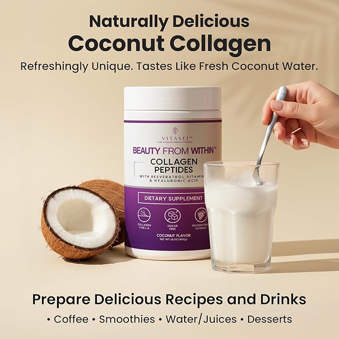 VITASEI Hydrolyzed Collagen Peptide Powder Drink – Coconut Flavored, 16oz