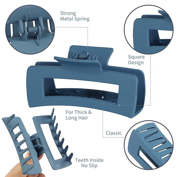 Sisiaipu Hair Clip, 4.1 Inch Large Square Hair Claws Clips 12 Pcs for Thick Hair - Blue, for Women and Girls