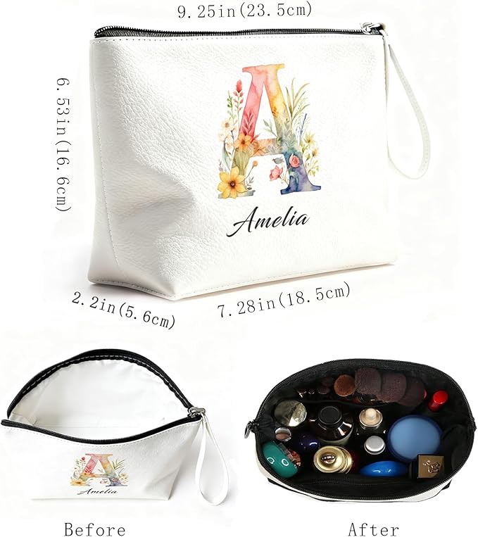 Bliver Personalized Makeup Bag Initial&Birth Flower Custom Small Travel Cosmetic Bag with Name Cute Makeup Bag for Women Girls