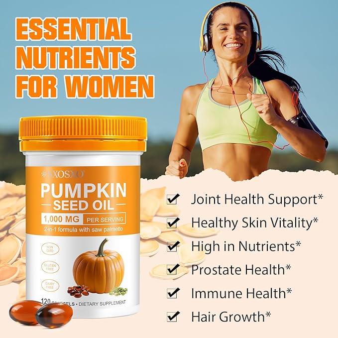 SXOSXO Pumpkin Seed Oil Capsules, 2-in-1 Formula with Saw Palmetto, Cold Pressed Virgin Oil for Hair Growth & Prostate Health, Rich in Essential Fatty Acids & Phytosterols, Non-GMO, 100 Softgels