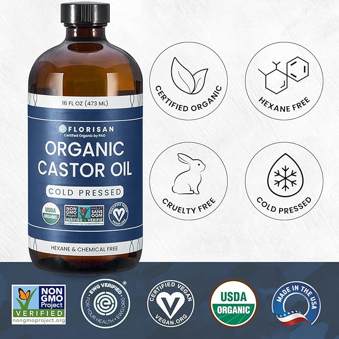 Florisan USDA Certified Organic Castor Oil 16oz Glass Bottle, Cold Pressed, Hexane-Free, Non-GMO, Vegan, 100% Pure Castor Oil for Hair Growth, Skin, Lashes, Eyebrows, EWG Verified