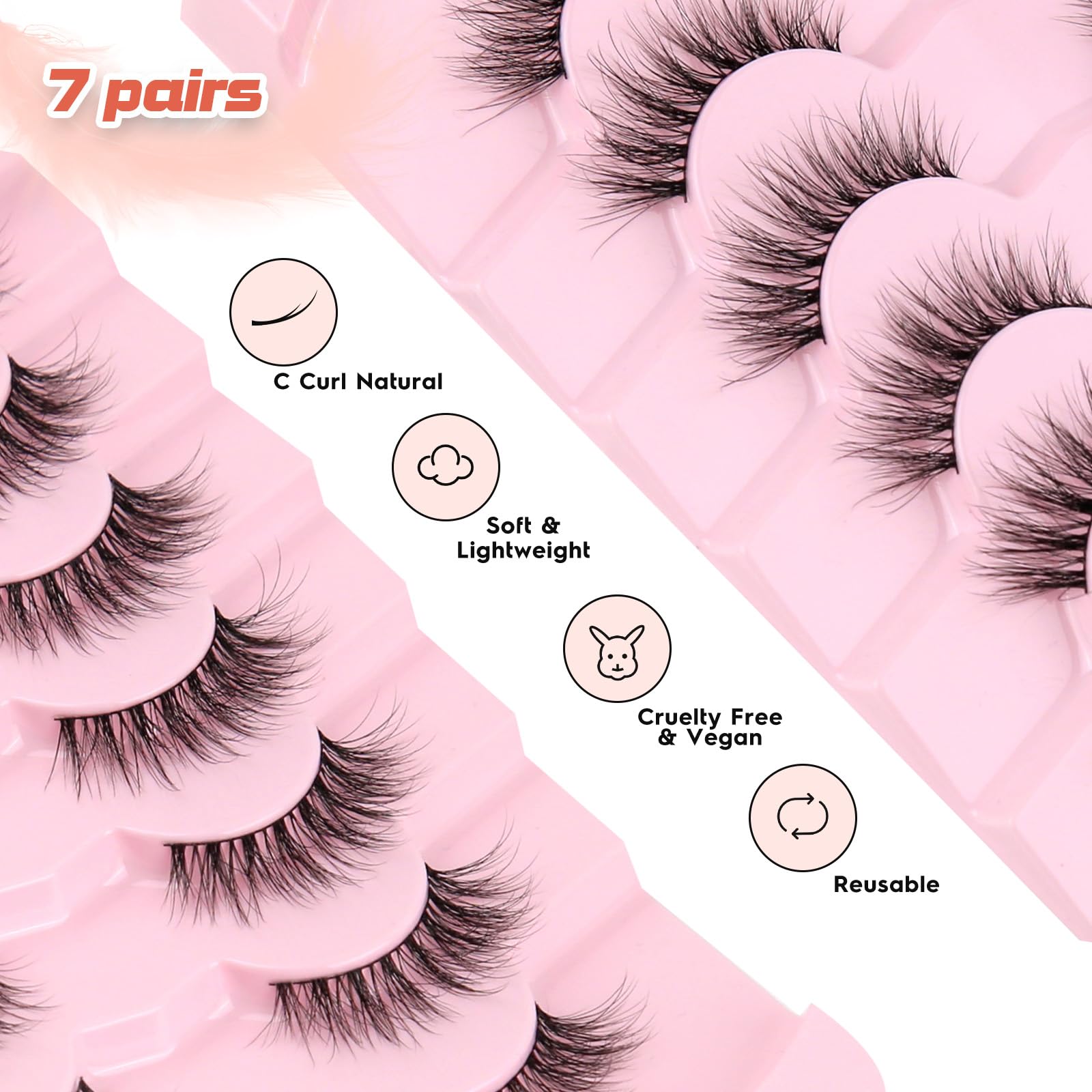 Natural Cat Eye Lashes Wispy Eyelashes 14mm Lightweight False Eyelashes 3D Volume Natural Lashes 0.1mm Thin Cotton Band Lash Strips Pack C Curl Soft Eyelash 7 Pairs Siligli