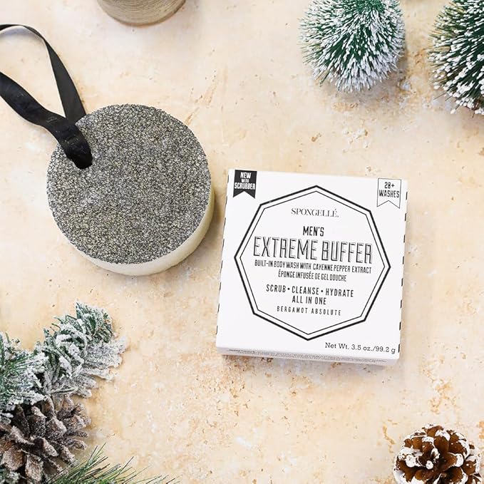 Spongellé Men's Extreme Buffer, Bergamot Absolute | 20+ Washes | Body Wash Infused Exfoliating Body Scrubber | Loofah Sponge For Men | Gift for Father's Day, Vegan, Dermatologist-Tested, Made in USA