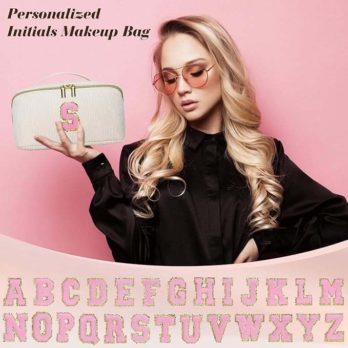 Personalized Initial Makeup Bag,Christmas Gifts for Girl,Preppy Bag Cosmetic Travel Bag Women,Travel Toiletry Organizer,Large Capacity Corduroy Stuff Bag,Cute Cosmetic Pouch Skincare Bag-J