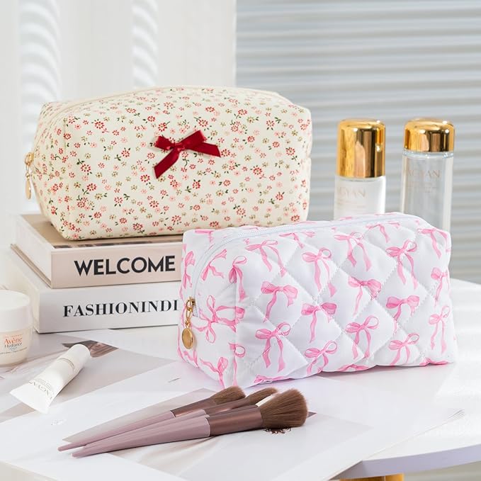 UUYUUY Makeup Bag Travel Toiletry Bag for Women, Small Cosmetic Bags Cute Quilted Cotton Makeup Pouch for Purse Emergency Bag Pencil Case Accessory Bag, Ribbon Bow