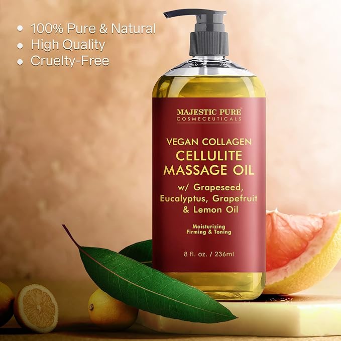 Majestic Pure Firming Body Massage Oil- Helps Smooth the Appearance of Cellulite & Improve Skin Texture- Natural Oils with Collagen- Refreshing Aromatherapy Body Oil for Legs & Full Body - 8 fl oz