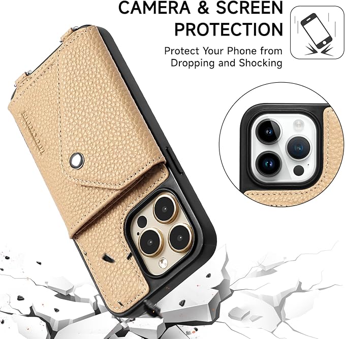 LUCKYCOIN Crossbody Phone Case for iPhone 15 Pro Max,100% Genuine Leather Phone Wallet Case for Women, Premium Hands-Free Phone Purse with Expandable Flip Card Holder & Adjustable Strap - Pebble Beige