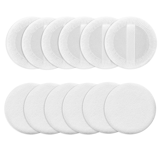 Sibba Loose Powder Make up puff 12 Pieces Round Velour Face Makeup Compact Body Container Setting Pressed Blending Foundation Cream Make Up Ribbon Strap Sponge Cushion Applicator (White)