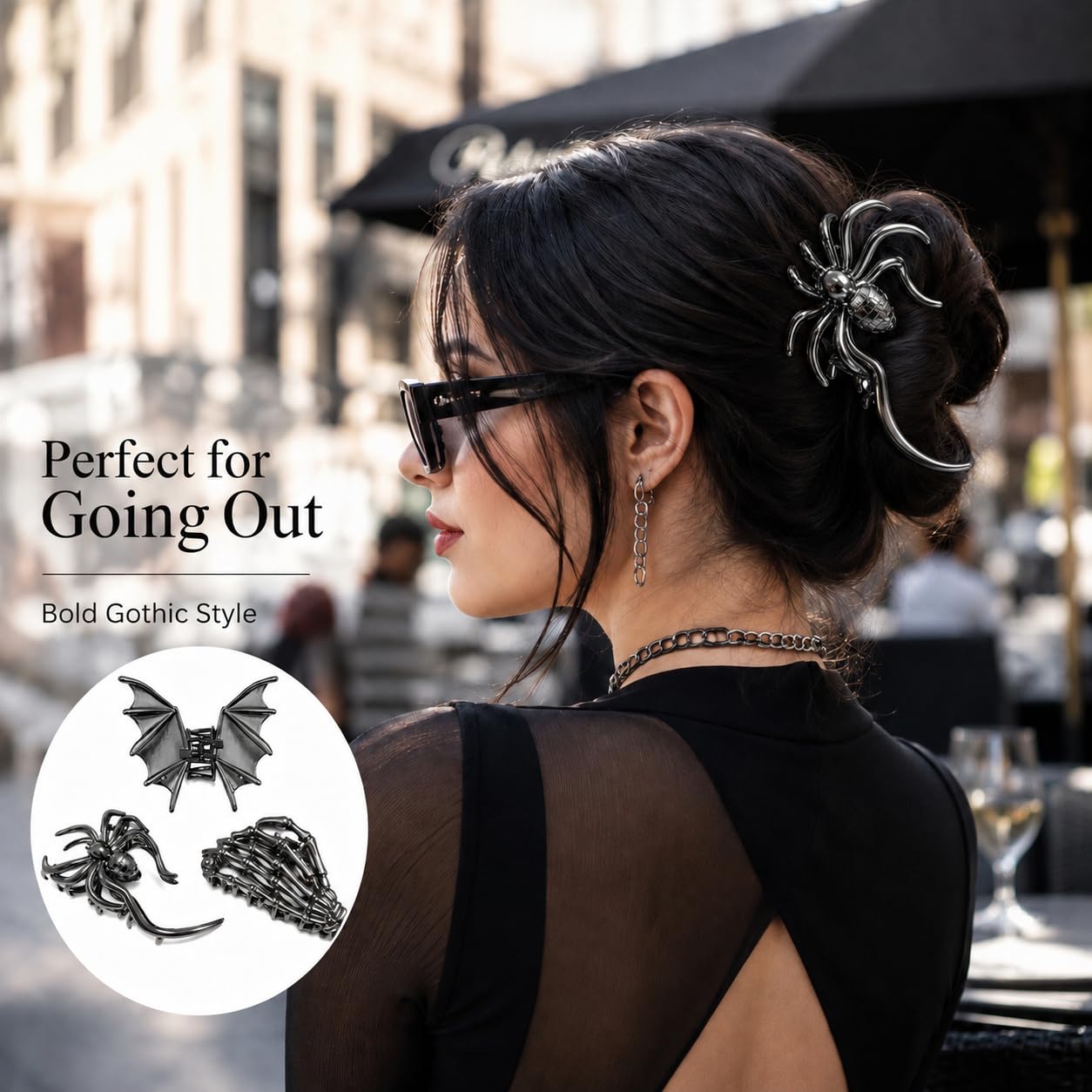 Parcce 3 PCS Gothic Hair Claw Clips for Women, Metallic Black Bat Spider Skeleton Hand Hair Clips, Strong Hold Halloween Hair Accessories for Thick Thin Hair, Costume Party Everyday Styling Gifts