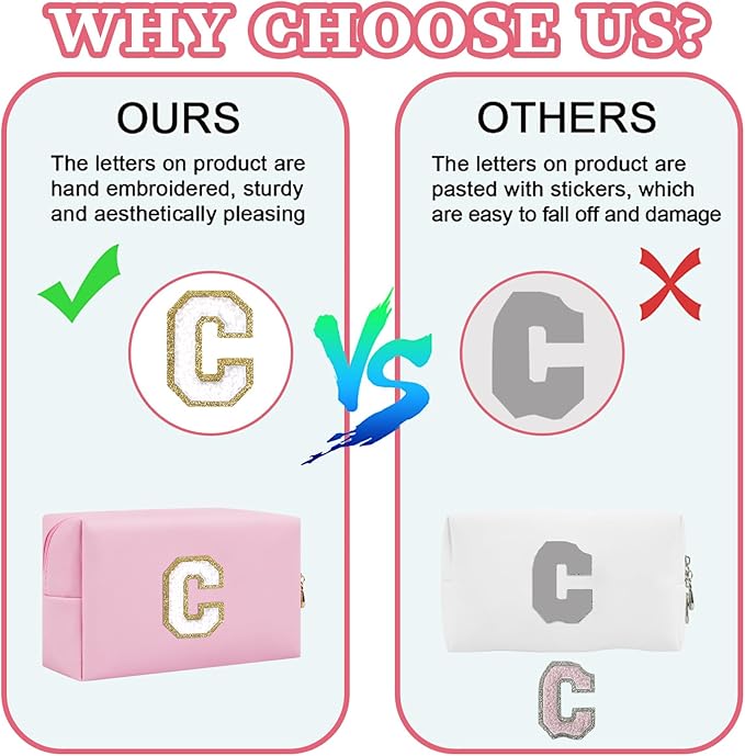 Iqimott,Personalized Initial Letter Patch Makeup Bag, Preppy Portable Chenille Letter Cosmetic Bag with Zipper, PU Leather Travel Toiletry Bag Monogram Make Up Pouch for Women Girls(Letter F)