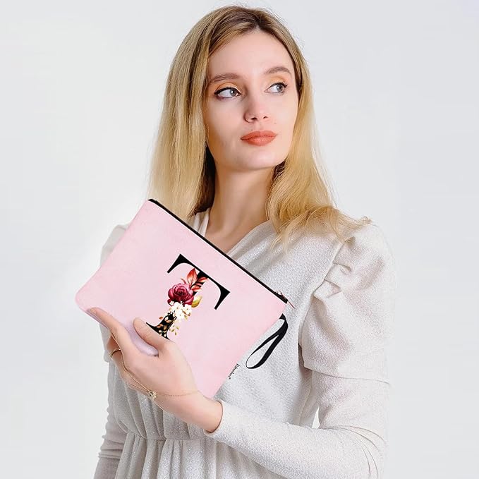 Vavabox A-Z Personalized Makeup Bag, Birthday Gifts for Women Mom, Gifts for Best Friend, Bride Bridesmaid Cosmetic bag (T, 06-Pink)