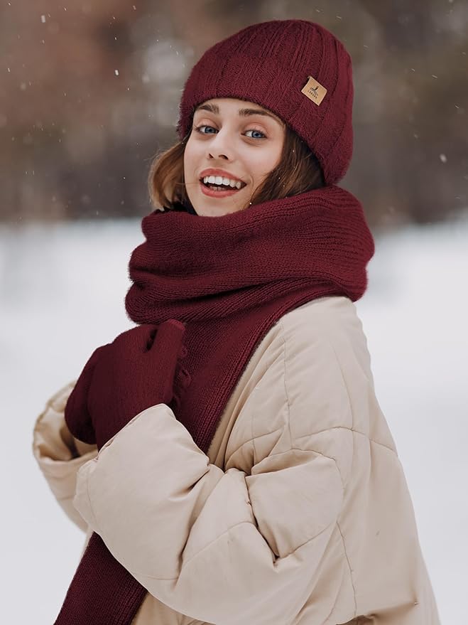 LOROME Winter Beanie Hat Gloves Scarf, Cashmere Hat Gloves Scarf Set Women