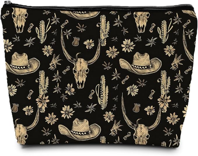 SAFDSGFDB Boho Western Makeup Bag, Rustic Country Western Cow Skull Cactus Cosmetic Bags Gifts for Women, Southwestern Cowgirl Portable Travel Toiletry Bag Zipper Makeup Pouch