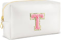 URSKYTOUS Initial Makeup Bag Personalized Preppy Travel Small Cosmetic Bag Cute PU White Chenille Letter Makeup Pouch for Purse Waterproof Zippered Toiletry Organizer for Women Girls Kids Friends (T)