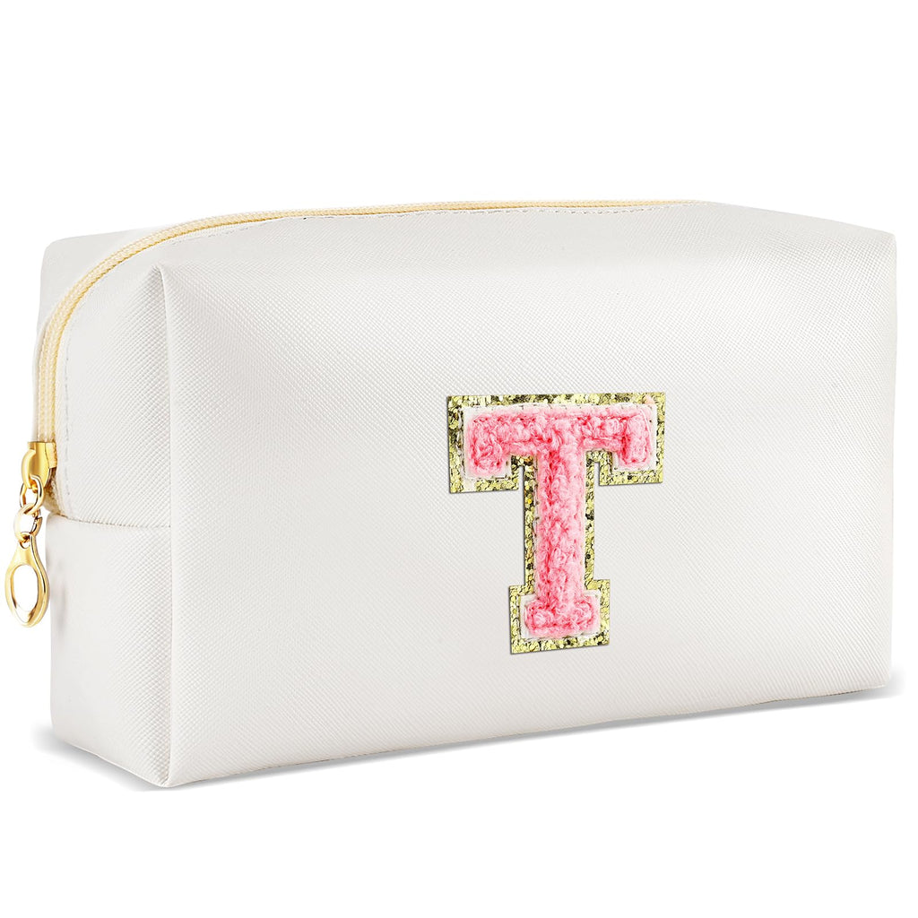 URSKYTOUS Initial Makeup Bag Personalized Preppy Travel Small Cosmetic Bag Cute PU White Chenille Letter Makeup Pouch for Purse Waterproof Zippered Toiletry Organizer for Women Girls Kids Friends (T)