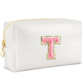 URSKYTOUS Initial Makeup Bag Personalized Preppy Travel Small Cosmetic Bag Cute PU White Chenille Letter Makeup Pouch for Purse Waterproof Zippered Toiletry Organizer for Women Girls Kids Friends (T)