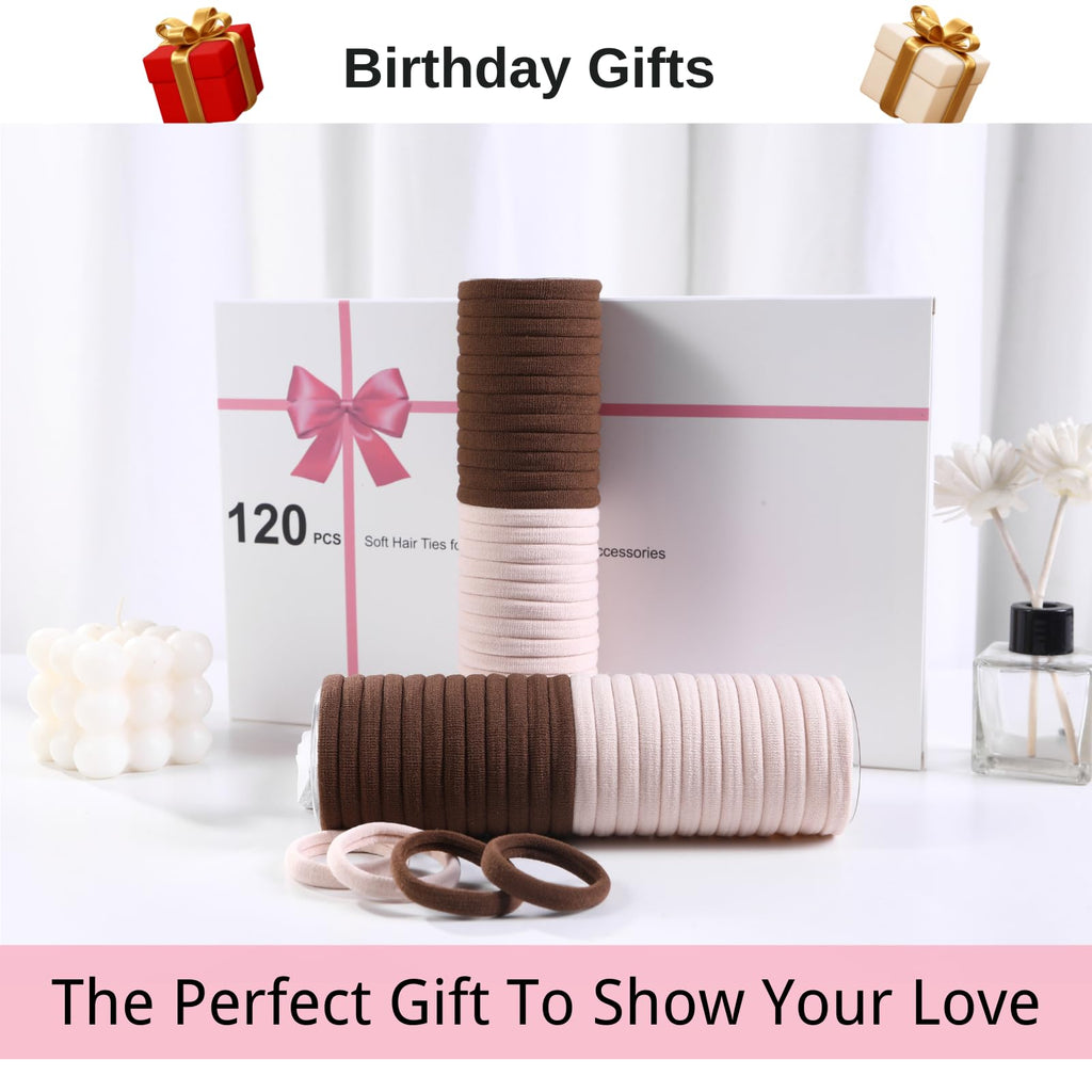 LuSeren 120 Pcs No Damage Thick Hair Ties, Large Soft Seamless Nylon Hair Elastics for Women, Ponytail Holders - Blonde & Brown