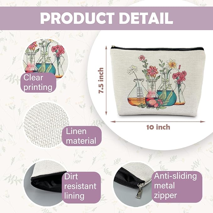 RYYCDOI Science Teacher Gifts Makeup Bag - Floral Beakers Cosmetic Pouch