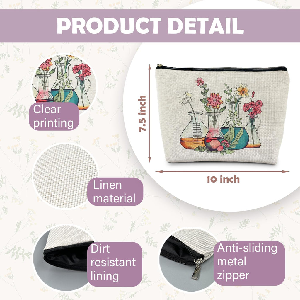 RYYCDOI Science Teacher Gifts Makeup Bag - Floral Beakers Cosmetic Pouch