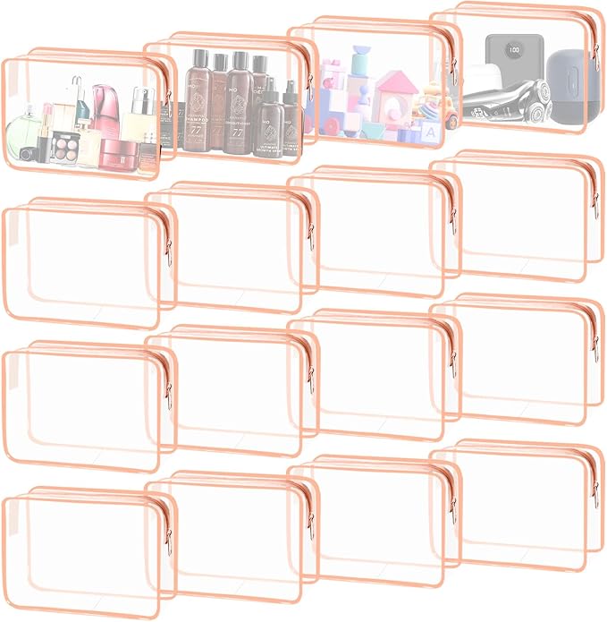 YedsIntu 16 Pieces Clear Cosmetic Bags, Large Transparent Makeup Bags, TSA Approved Toiletry Bag for Travel, PVC Waterproof Clear Pouch with Zipper Make Up Bag for Women and Men Traveling (Orange L)