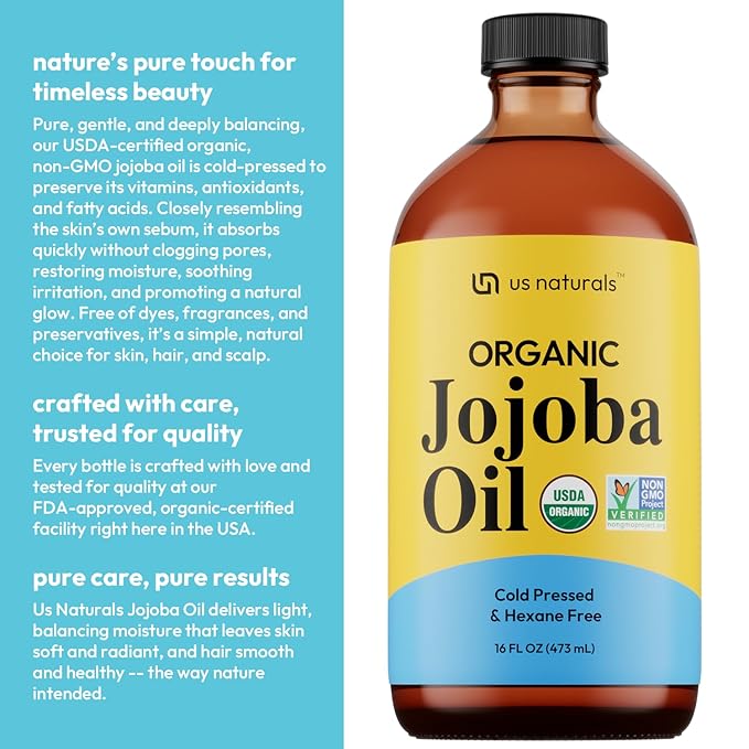 Us Naturals Organic Jojoba Oil 16 oz in Glass Bottle - USDA Certified Organic & Non-GMO, 100% Pure Cold Pressed, Unrefined, Hexane-Free Carrier Oil for Hair, Skin, Nails & Massage