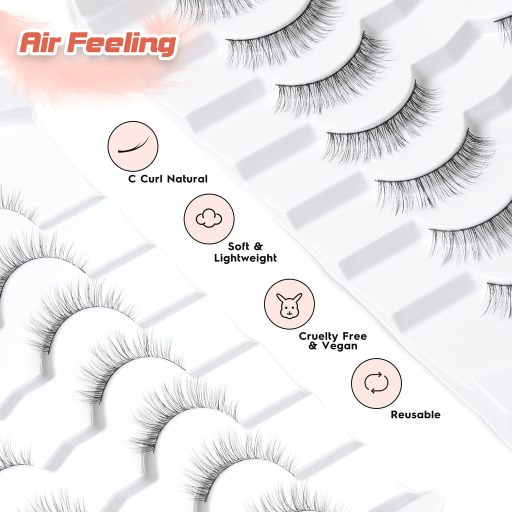 Natural Lashes Eyelashes Wispy 10MM Short Lashes Thin Band Strip Lashes 3D Volume Lashes False Eyelashes C Curl Soft Lash Pack 7 Pair Siligli