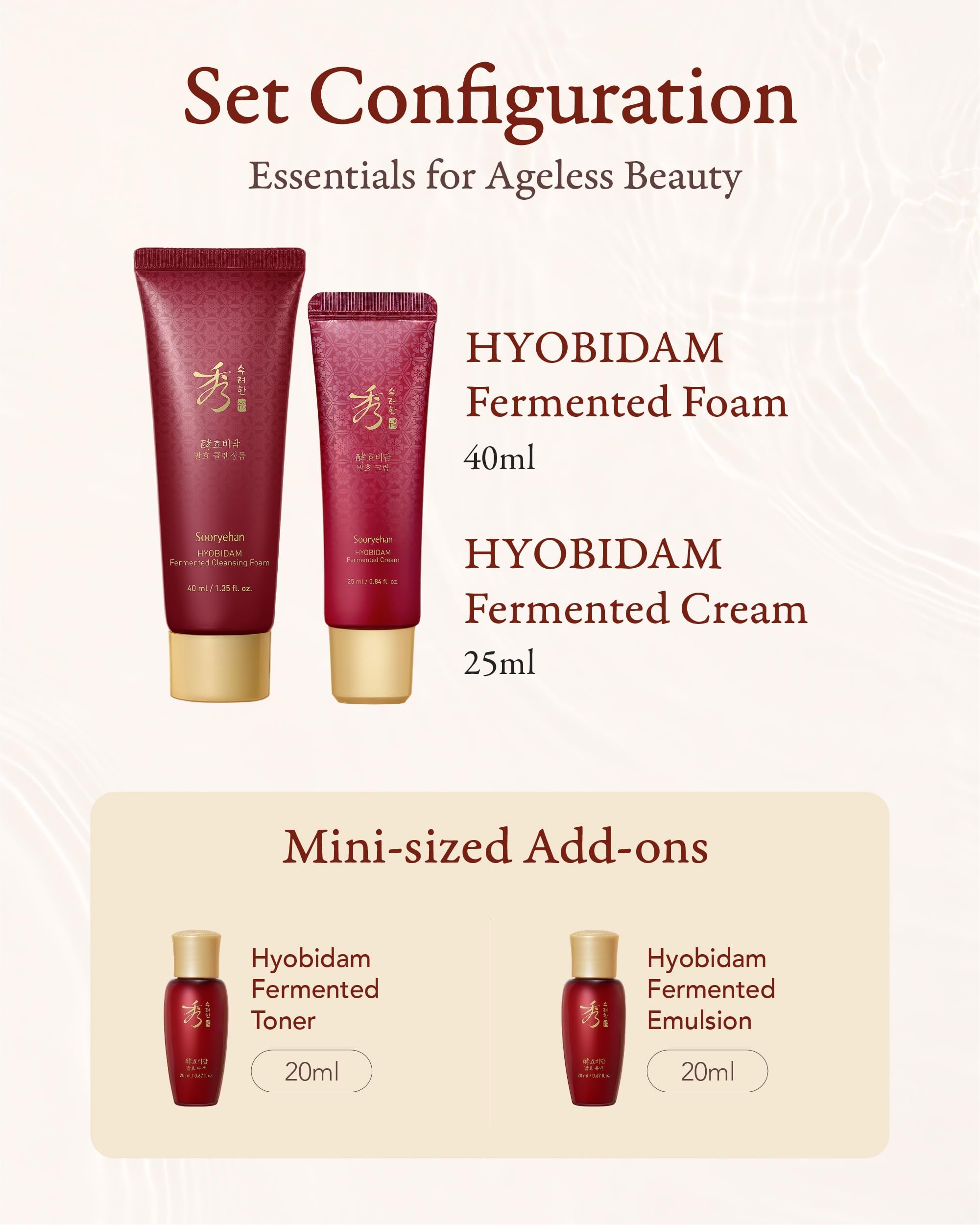 Sooryehan Hyobidam Fermented Skincare Trial Kit (Pack of 4) - Korean Skincare Miniature Set: Toner, Emulsion, Cream & Cleansing Foam - Hydration & Elasticity, Travel Size Gift Set