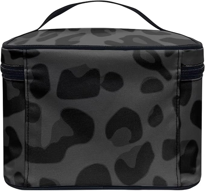 Drydeepin Black Grey Animal Cheetah Leopard Pattern Makeup Bags for Women Large Capacity Travel Organizer Storage Toiletry Pouch with Zipper and Carry Handle Portable Cosmetic Bag