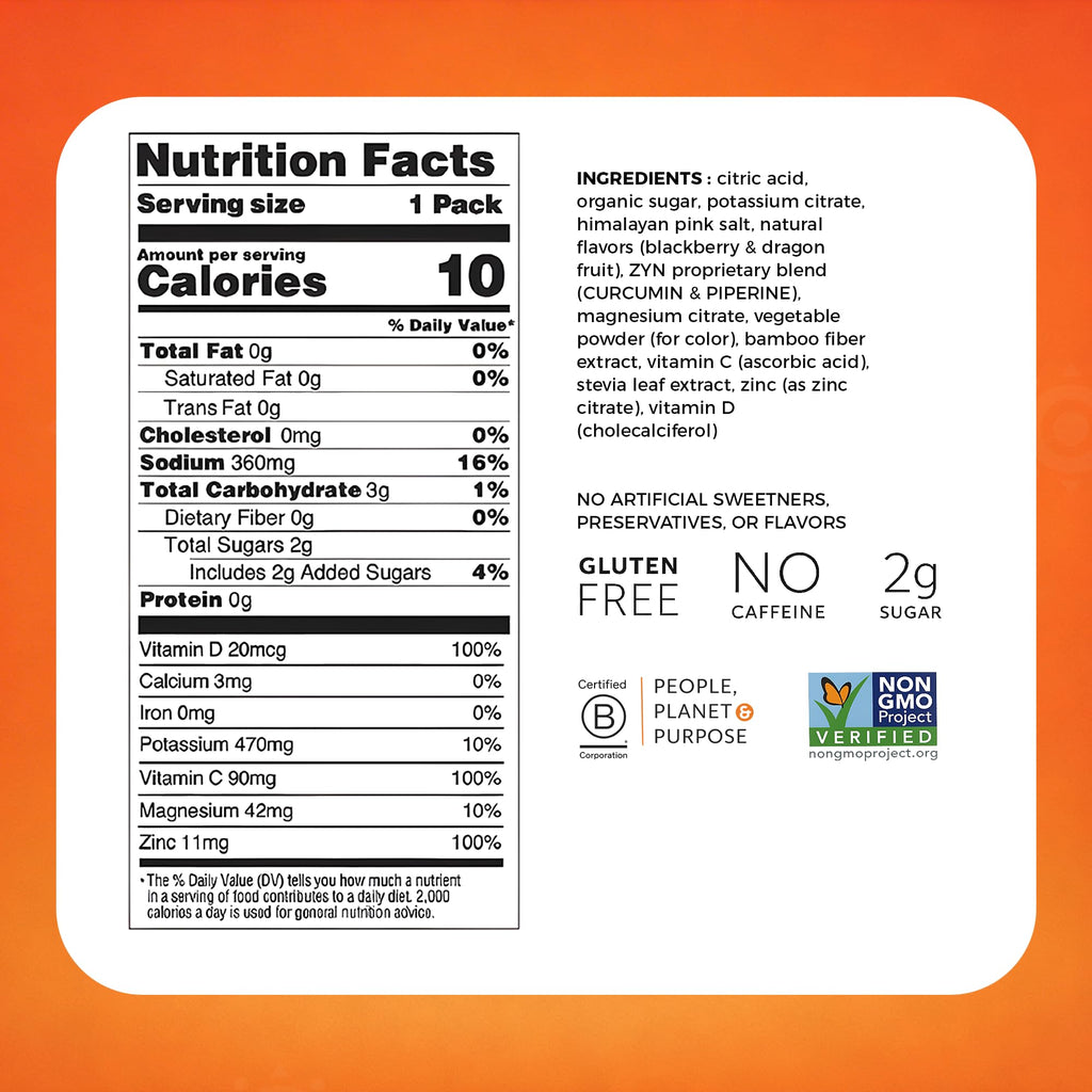 ZYN Electrolyte Packets for Hydration, BlackBerry Dragon Fruit, 16 Count
