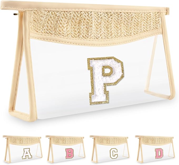 UIXIZQ Personalized Initial Letter Bag Boho Straw Clear Makeup Bag,Small Cute Chenille Varsity Letter Pouch With Zipper,Beach Travel Toiletry,Portable Monogrammed Cosmetic Bag for Women Girls,P