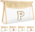 UIXIZQ Personalized Initial Letter Bag Boho Straw Clear Makeup Bag,Small Cute Chenille Varsity Letter Pouch With Zipper,Beach Travel Toiletry,Portable Monogrammed Cosmetic Bag for Women Girls,P