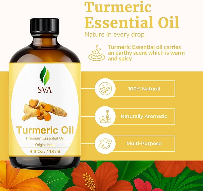 SVA Turmeric Essential Oil 4 Fl Oz – for Diffuser, Skin & Hair Care – Ideal for Massage & DIY Blends - with Dropper