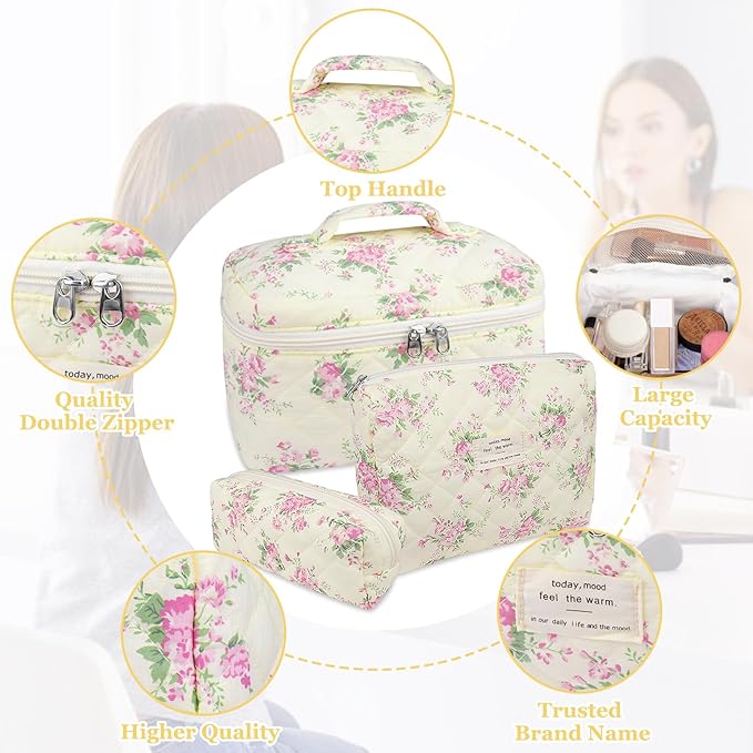 Gosect Makeup Bag Set, Quilted Makeup Bag, Large Floral Cosmetic Bag for Women, Cute Cotton Makeup Bags, Flower Travel Toiletry Organizer Bag (Pink Floer)