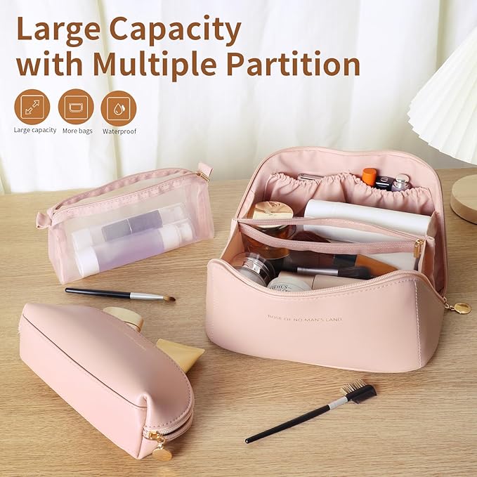 zaleeta 3 Pcs Travel Makeup Bag Portable Large Capacity Cosmetic Bags for Women Open Flat Makeup Case Organizer Bag Set of 3 Waterproof PU Leather Toiletry Bags with Divider and Handle (Pink, Medium)