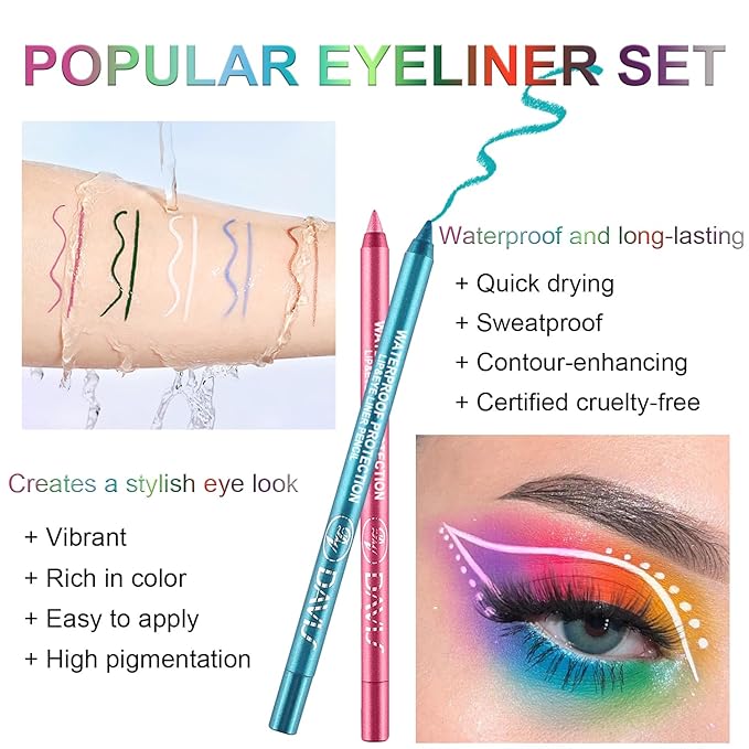 Meilury 3 Colorful Eyeliner Pen Set, Eye Shadow Pencil, Pearl Eyeliner Kit Metallic Glitter Colored Eye liner for Women Eye&Lip Liner Professional Waterproof Eye Makeup (3PCS B)