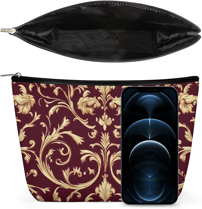 Meaudiwes Fashion Zipper Cosmetic Case, Portable Makeup Case, Personality Toiletry Bag, Flower Maroon Gold Floral Classy Burgundy Antique Travel Cosmetic Toiletry Bag