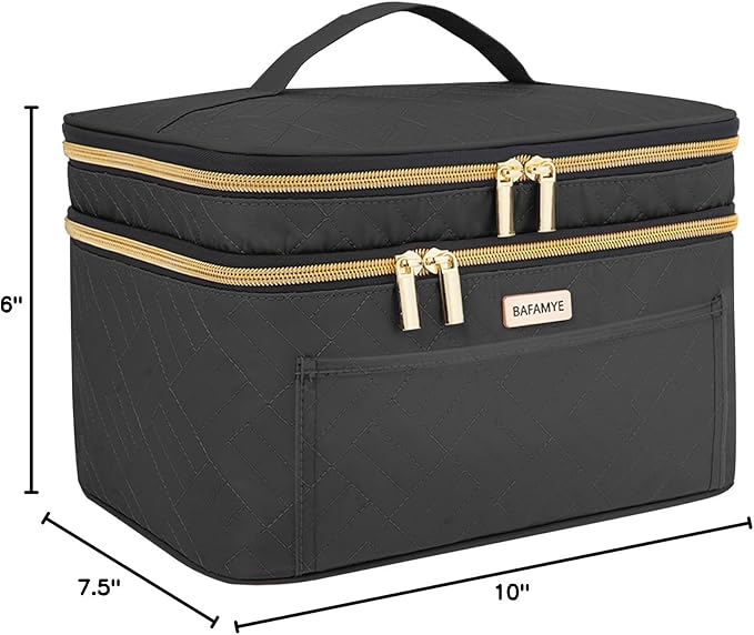 BAFAMYE 8.8L Double Layer Travel Makeup Bag Women, Large Cosmetic Case, Organizer for Travel-Size Accessories Bottles, Brushes, and Skin Care Products, Black 2.33 GAL
