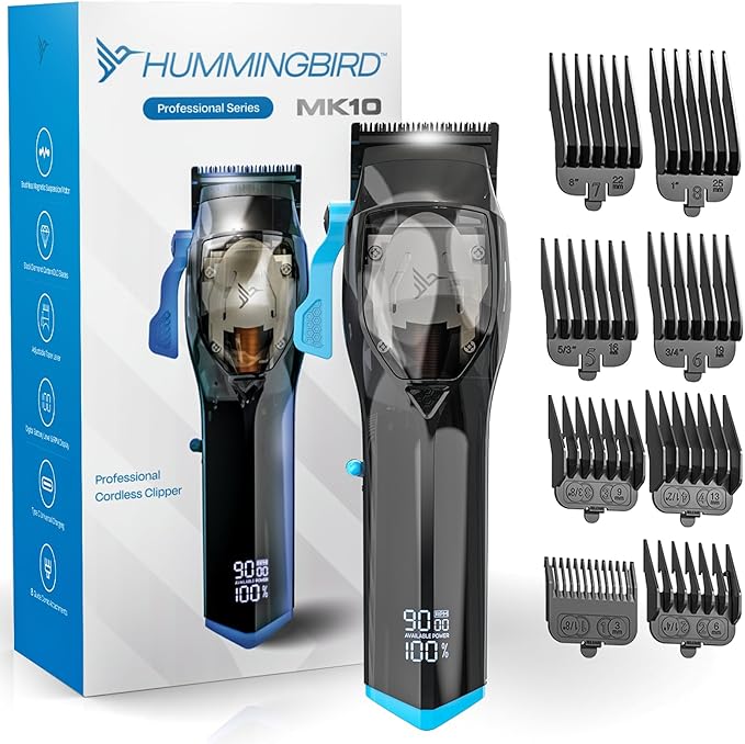 HUMMINGBIRD MK10 Pro Series Cordless Hair Clippers – 9,000 RPM Brushless Motor, DLC Blade, USB-C Rechargeable, Super Torque, Professional Barber Clippers, Haircut Kit, Includes Barber Cape & Comb